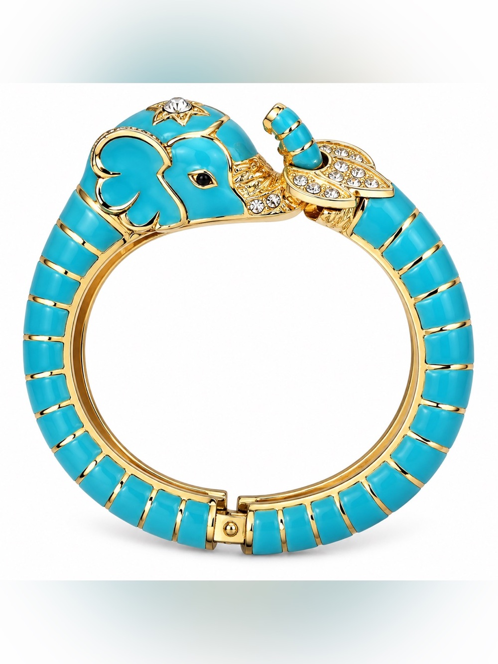 Turquoise Enamel Elephant Hinged Bangle Bracelet - Gold Tone
